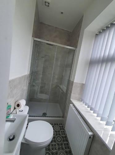 a bathroom with a toilet and a shower and a sink at Double Bed A Burnley City Centre in Burnley