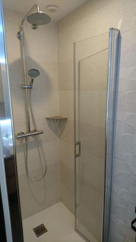 une douche avec une porte vitrée dans une salle de bain dans l'établissement Belle villa à la Baule-Escoublac, à La Baule