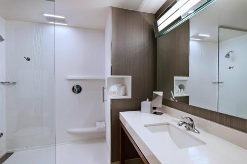 a bathroom with a sink and a shower and a mirror at Courtyard Dallas Grand Prairie in Grand Prairie