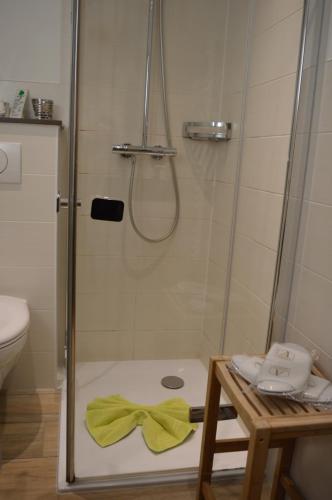 a shower with a glass door with a bow on it at Landhaus Zum Heidewanderer mit THERMEplus in Bad Bevensen