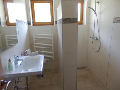 a bathroom with a sink and a shower at Ferienhaus Bella Vista in Presseggersee
