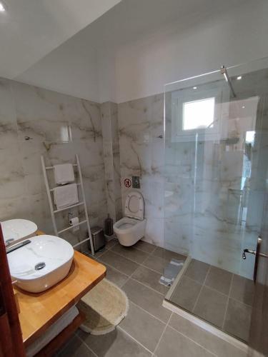 a bathroom with a toilet and a sink and a shower at Teo & Niki in Paleokastritsa