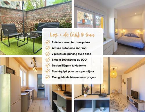 eine Collage mit Fotos eines Zimmers mit einer Speisekarte in der Unterkunft Chill & Sun - Terrasse extérieure - Parking - Wifi - 4p in Amiens