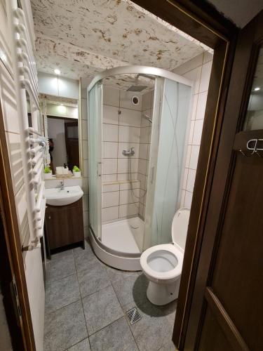 a bathroom with a shower and a toilet and a sink at Pokoje u Michała in Międzyzdroje