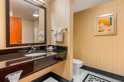 a bathroom with a sink and a toilet and a mirror at Fairfield Inn & Suites Hooksett in Manchester