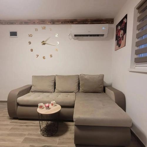 a living room with a couch and a clock on the wall at Apartmani Apolon in Vrdnik