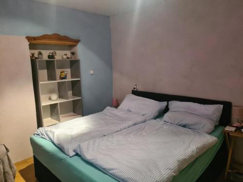 1 dormitorio con cama y estante para libros en Ferienhaus Janine ruhig gelegen mit grossem Garten und WIFI, en Balatonberény