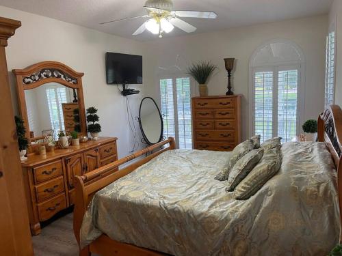a bedroom with a bed and a mirror and a tv at Country Villa pool hot tub game room pond in Jacksonville