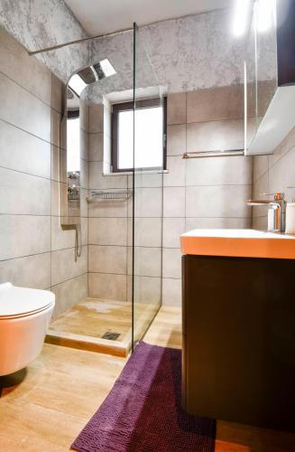 a bathroom with a shower and a sink and a toilet at VILLA DEMETRA in Kissamos
