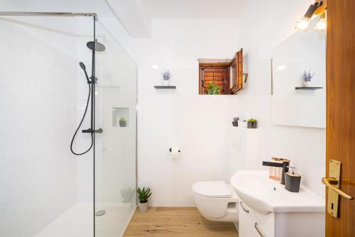 uma casa de banho com um chuveiro, um WC e um lavatório. em Apartment Marija em Novigrad Dalmatia