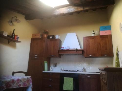 a kitchen with wooden cabinets and a stove top oven at Podere Casone in SantʼAdriano