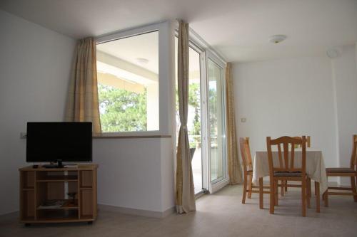 a living room with a television and a table with chairs at Apartments Car in Šilo