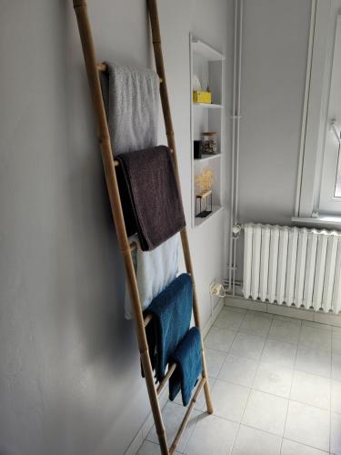 a ladder leaning against a wall with towels at La Petite Malouine in Dunkerque