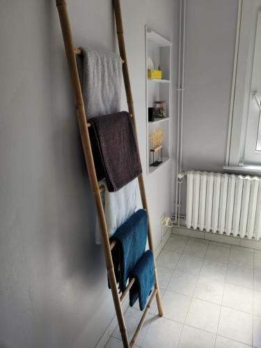 a ladder leaning against a wall with towels at La Petite Malouine in Dunkerque