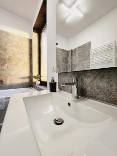 a bathroom with a large white sink in a room at Armina's Residence Villa in Dumbrăviţa