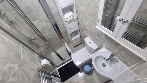 ein Badezimmer mit einem weißen WC und einem Waschbecken in der Unterkunft Rear of Levett Gardens in Seven Kings