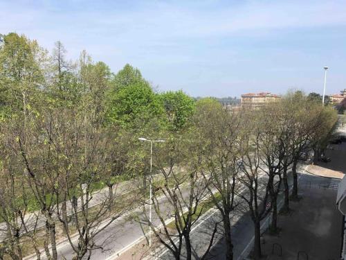 a view of a river with trees and a street light at Residenza Monviso in Cuneo