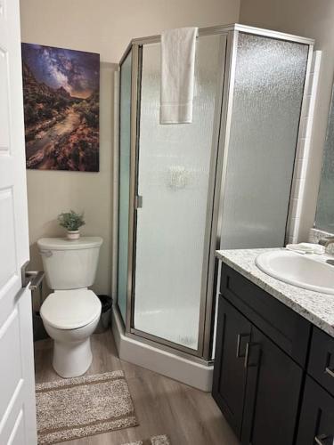 a bathroom with a shower and a toilet and a sink at Grand Canyon-4bed,3bath,hot tub in Hildale