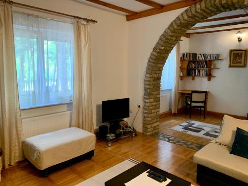 a living room with a couch and an archway at Kuća Miris severa in Šupljak