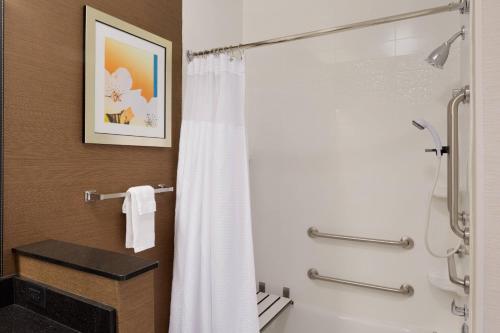 ein Bad mit einer Dusche mit einem weißen Duschvorhang in der Unterkunft Fairfield Inn & Suites Youngstown Boardman Poland in Poland