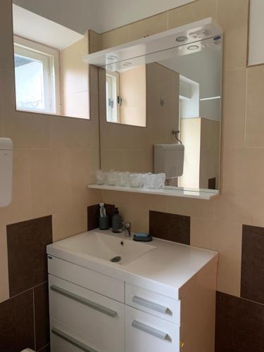 a bathroom with a white sink and a mirror at Kuća Miris severa in Šupljak