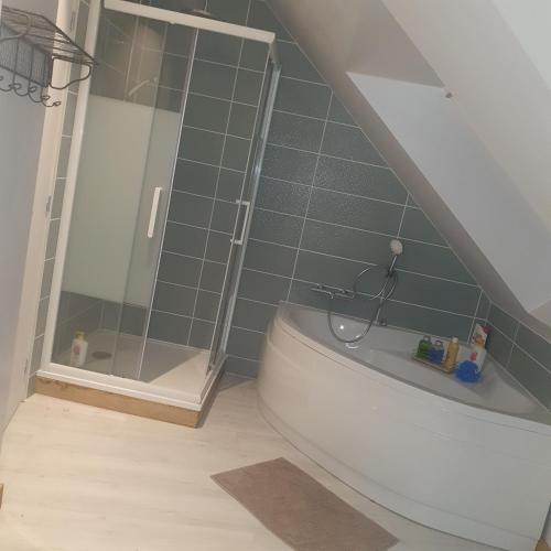 une salle de bain avec douche et baignoire dans l'établissement chambres dans maison à 15min du circuit des 24h du MANS, à Roézé-sur-Sarthe