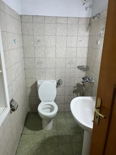 y baño con aseo y lavamanos. en Chalet Karpenisi, en Karpenisi