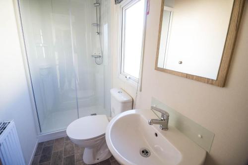 a bathroom with a toilet and a sink and a mirror at Lovely 6 Berth Caravan Close To The Beach In Suffolk Ref 68030bs in Lowestoft