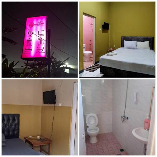 three pictures of a room with a bed and a bathroom at PONDOK CHILLY in Cirebon
