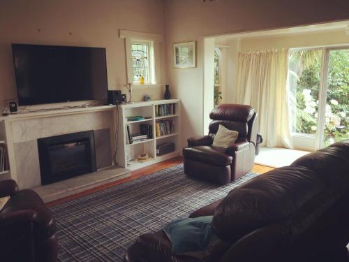 a living room with a couch and a fireplace at Seaview Sefton in Timaru