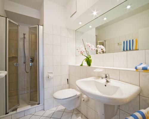 a bathroom with a sink and a toilet and a shower at Warsberger Weinhof - Hotel & Weinwirtschaft in Neumagen-Dhron