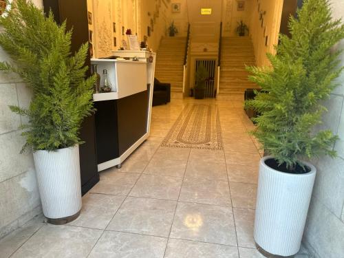 two potted trees in white vases in a hallway at City Citadel Hotel,Amman in Amman