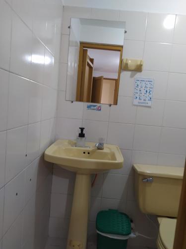 a bathroom with a sink and a toilet and a mirror at Hotel Colonial in Jardin