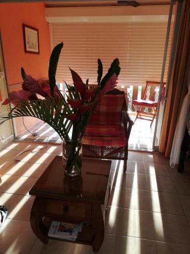 a vase of flowers on a table in a living room at Bigouz résidence la plage de l'anse Caritan in Sainte-Anne