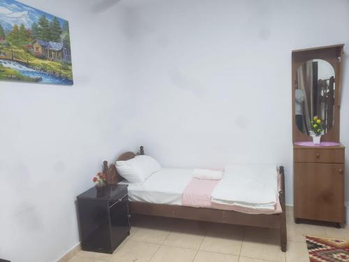 Schlafzimmer mit einem Bett und einem Spiegel in der Unterkunft Hostel Split Rock in Tirana
