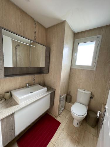 a bathroom with a sink and a toilet and a mirror at Bel appartement à 9 min de l’aéroport in Ariana
