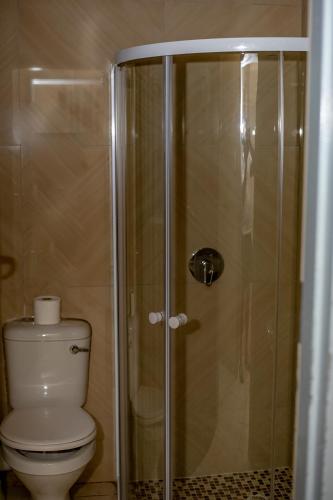Un baño con inodoro y ducha de cristal. en 66, en Richards Bay