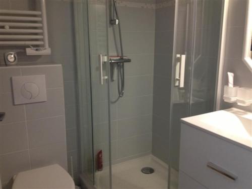 une salle de bain avec une douche avec des toilettes et un lavabo dans l'établissement Studio Central à 100m Plage avec Balcon et Commodités, Les Sables-d'Olonne - FR-1-331-61, à Les Sables-dʼOlonne