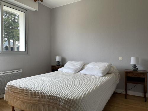sypialnia z łóżkiem z dwiema poduszkami i oknem w obiekcie Maison 3 pièces, vue Ria d'Étel, jardin clos, proche mer et plages - FR-1-397-71 w mieście Locoal-Mendon
