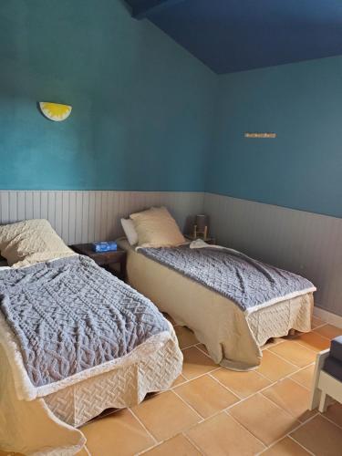 deux lits dans une chambre aux murs bleus dans l'établissement La Renardière de Montesquiou, à Montesquiou
