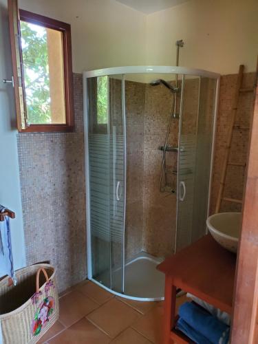 a shower with a glass door in a bathroom at Laoueille in Montesquiou