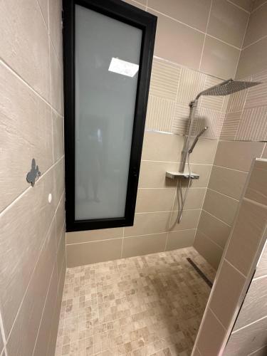 a shower with a glass window in a bathroom at La KAZA-De-LINE in Saint-Joseph
