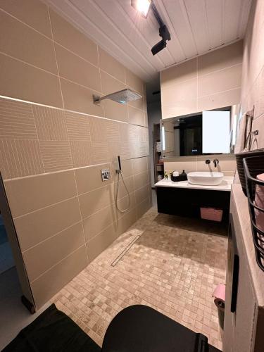 a bathroom with a sink and a shower and a toilet at La KAZA-De-LINE in Saint-Joseph