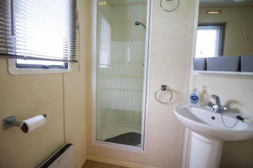 y baño con lavabo y ducha acristalada. en Lovely 8 Berth Caravan At Naze Marine Holiday Park Ref 17012p, en Walton-on-the-Naze