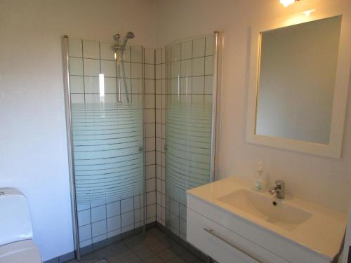 a bathroom with a shower and a sink and a mirror at Skelgaard Ferielejlighed in Jelling