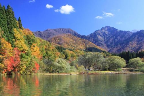 湯沢町にあるぜーんぶ貸切!! 大自然の森に佇む秘密の隠れ家で心と身体を解放する...の木々と山々を背景にした湖