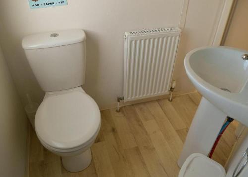 a bathroom with a white toilet and a sink at Anchor Park in Happisburgh