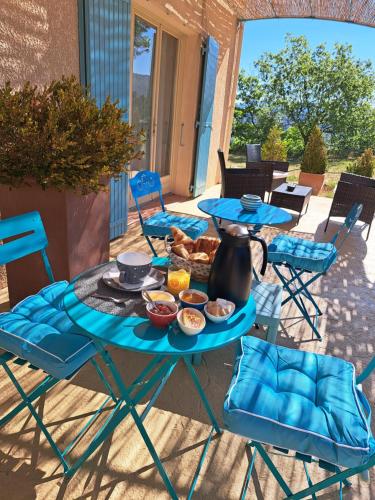 - une table avec un plateau de nourriture sur la terrasse dans l'établissement Cante Grillet - 295 Chemin des Contards - 84480 Lacoste, à Lacoste