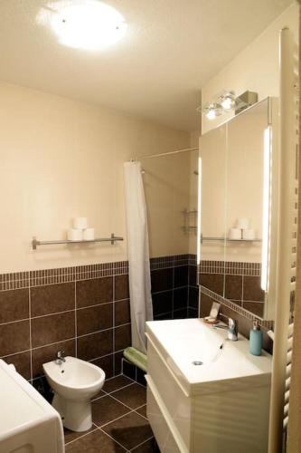 a bathroom with a sink and a toilet and a mirror at Luxury Flat with Heated Pool & Jacuzzi in Rijeka