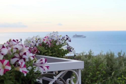 a white bench with flowers on top of the ocean at Villa Rubis-vue mer à couper le souflle in Saint-Raphaël
